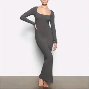 SKIMS Long Sleeve Maxi Dress in Charcoal Gray